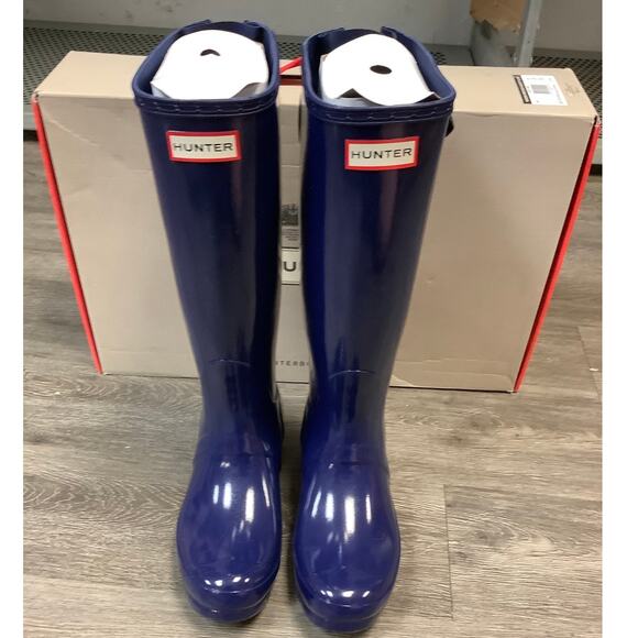 HUNTER Sz 7 Melody Blue Original Back Adjustable Gloss Rain Boots Pull On LM1-24 - Picture 2 of 10